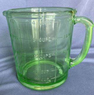 Vintage A & J Hazel Atlas 4 Cup Green Vaseline Glass Measuring Cup Hard To Find