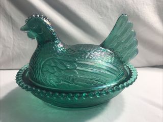 Vintage Indiana Glass Evergreen Carnival Hen On Nest Covered Dish Rare
