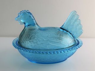 Indiana Glass Aquamarine Horizon Blue Hen On Nest Chicken Dish Extremely Rare