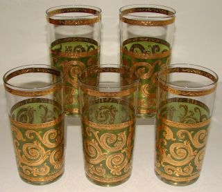 Set Of 5 Vintage Culver Toledo Tumbler Highball Glasses Green & Gold Scrolls