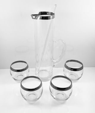 Vintage Mcm Roly Poly Silver Band Beverage Set Pitcher And Glasses