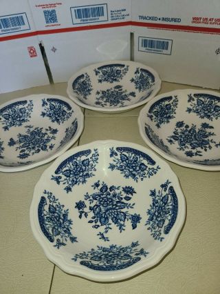 Four 6 3/4 " Salad / Cereal Bowls Vintage Blue Carnation Ironstone - Japan 4235