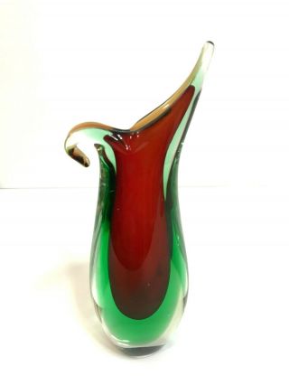 Vintage Murano Art Glass Ruby Red Sommerso Green Cased In Clear Glass Vase