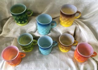 Set Of 8 Fire King Kimberly Diamond Stacking Mugs/cups Blue Green Orange Yellow