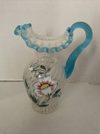 Fenton 90th Anniversary Optic White 9.  5 " Ruffled Floral Hand Painted Pitcher