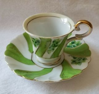 Vintage Green White Gold Demitasse Tea Cup & Saucer Circa 1950 