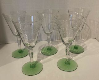 Vintage Green Depression Needle Etched Wine Glasses,  Set Of 5