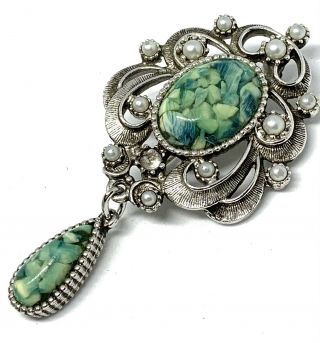 Vintage Sarah Coventry Brooch Pin Greens Silver Tone Metal Faux Opal
