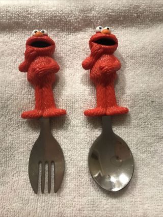 Elmo Sesame Street Child Toddler Fork & Spoon Set Vintage Easy To Hold Euc