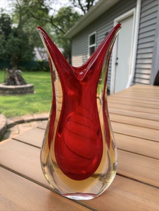 Vintage Murano Art Glass Ruby Red Sommerso Yellow Cased In Clear Glass Vase