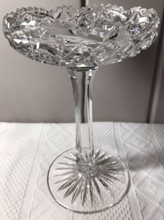 American Brilliant Cut Crystal Notched Stem Tall Compote 9” Cut Glass Dish