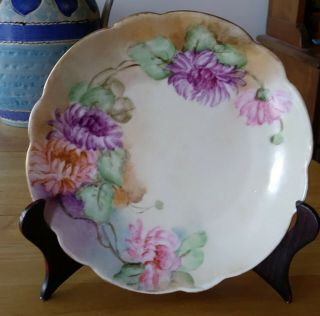 Plate,  Bavaria,  7 ",  Scalloped,  Mums,  Purple,  Pink,  Green,  Gold,  Floral