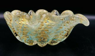 Vintage Murano Art Glass Aventurine Gold Fleck Teal Controlled Bubble Dish Bowl