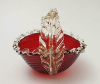 Vintage Italian Murano Ruby Red Gold Aventurine Art Glass Basket Open Salt Dish