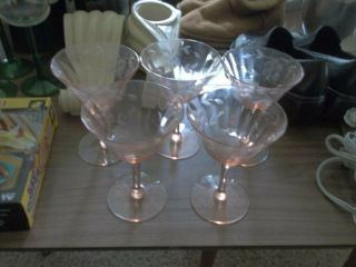 Vintage Depression Glass Pink Etched Wine Glasses Set Of 5