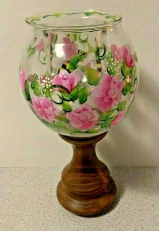 A Clear Glass Fish Bowl Hand Painted With Pink Flowers & Green Leaves On Stand
