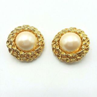 Vintage Joan Rivers Signed Faux Pearl Gold Tone Rope Clip Earrings