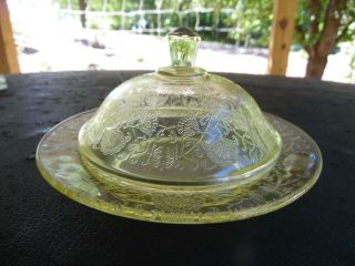 Vintage Hazel Atlas Florentine 2 Yellow Depression Glass,  Butter Dish / HTF 2