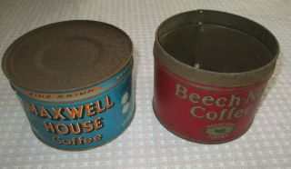 2 Vtg 1 Pound Coffee Tins Maxwell House Keywind With Lid Beech - Nut No Lid
