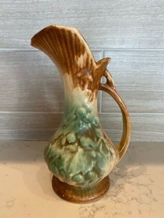 Vintage Mccoy Pottery Vase Or Pitcher 9 " Raised Grape & Leaf,  Green & Brown