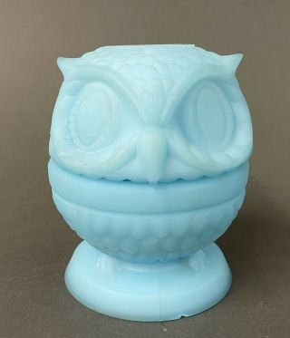 Vintage Fenton Blue Satin Glass Owl Fairy Lamp 3 3/4”