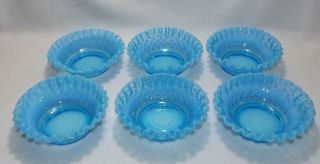 6 Vintage Fenton Glass 5 1/4 " Blue Opalescent Hobnail Bon Bon Bowls Crimped Edge