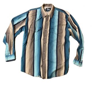 Vtg Roper Rodeo Blue Men’s Pearl Snap Striped Western Shirt Size Large