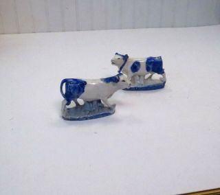 Rare Pair Vintage Blue & White Stoneware Cow Bull Figurines Staffordshire Era
