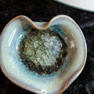 Studio Art Pottery Fused Glass Over Glaze Heart Shaped Bowl