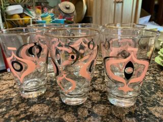 Set Of 6 Mid Century Modern Flared Pink And Black Drinking Glasses