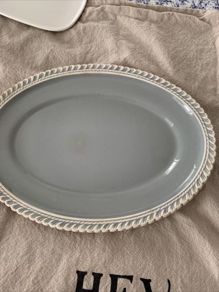 Large Oval Platter Vtg Harkerware Pottery Chesterton Light Blue/ White Trim 2