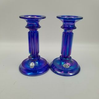 Fenton Cobalt Blue Carnival Glass Candlestick Holders Set Of 2