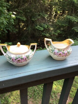 Antique Rs Germany Prussia Porcelain Creamer & Sugar Set Lilac Floral Gold Trim