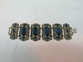 Stunning Vintage Large Blue Rhinestone,  Faux Pearl & Gold Toned Bracelet 59q