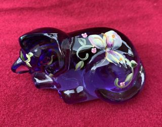 Fenton Glass Purple Sleeping Cat W/ Hand Painted Flowers - Signed