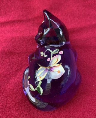 Fenton Glass Purple Sleeping Cat w/ Hand Painted Flowers - Signed 2
