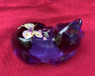 Fenton Glass Purple Sleeping Cat w/ Hand Painted Flowers - Signed 3