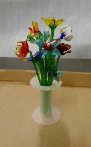 8 Hand Blown Art Glass Long Stem Flowers In Vase Bouquet Red Yellow Blue White