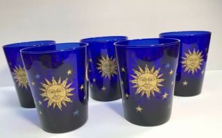 Vintage Set Of 5 Libbey Cobalt Blue Celestial Moon Sun Stars 12oz Glasses