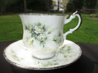 Cup Saucer Paragon First Love Creamy White Roses Celadon Sage Green Foliage