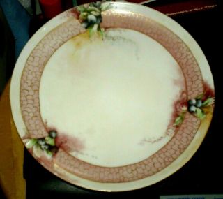 Haviland Vintage 8.  5 In Shallow Bowl Decorated With Blueberries France Pink Rim