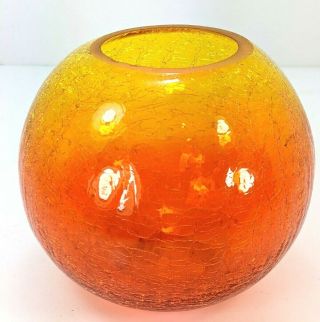 Vintage 1960s Blenko Orange Yellow Crackle Glass Bubble Ball Sphere Round Vase