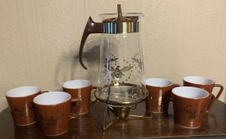 1967 Rare Htf Vtg Pyrex Federal Gold Eagle Coffee Mugs Cups & Glass Carafe Set
