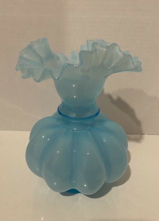 Vintage Blue Fenton Melon Vase 8” With Ruffled Rim