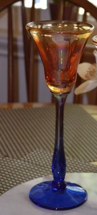 Rick Strini Wine Water Goblet Cobalt Blue & Iridescent Orange Glasses 1 Glass