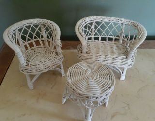 Vintage Dollhouse Doll Furniture White Wicker Loveseat,  Chair,  Coffee Table