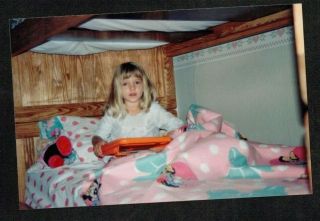 Vintage Photograph Cute Little Girl With Toy In Bed