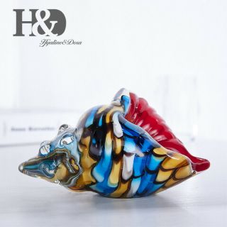Hand Blown Glass Murano Art Style Rainbow Seashell Conch Sculpture Ocean Decor