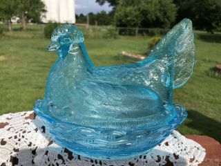 Vintage Large Aquamarine Chicken Hen On Nest Blue Glass Covered Rare Lg Wright