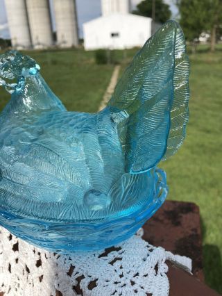 Vintage Large Aquamarine Chicken Hen On Nest BLUE Glass Covered RARE LG Wright 2